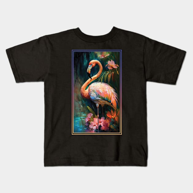 Flamingo Vibrant Tropical Flower Tall Digital Oil Painting Portrait Kids T-Shirt by ArtHouseFlunky